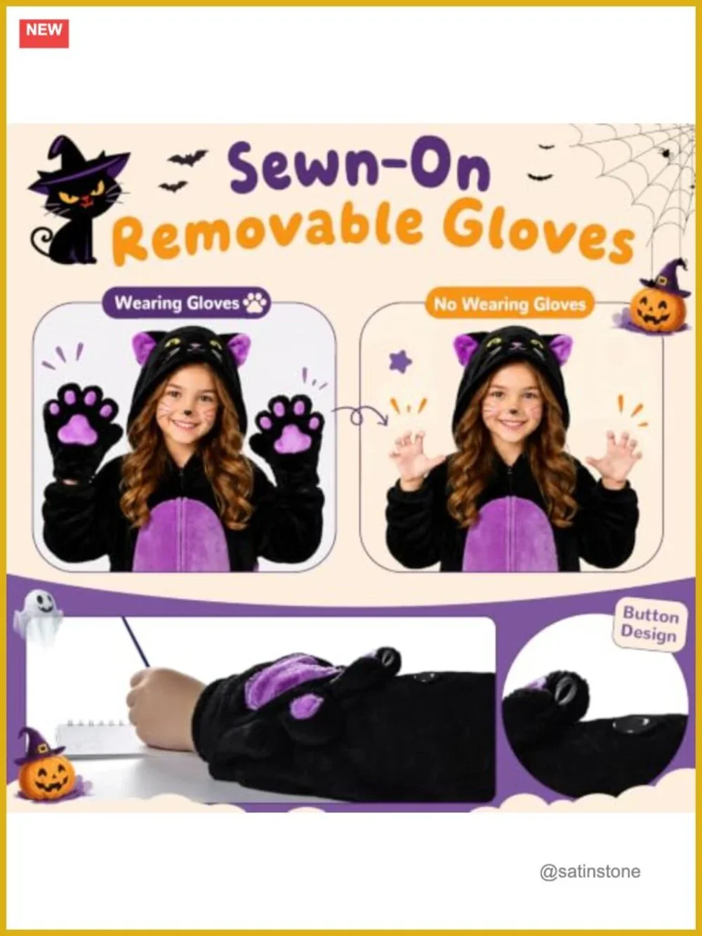 Kids Black Cat Costume with Purse Halloween Dress Up Role Play Flannel